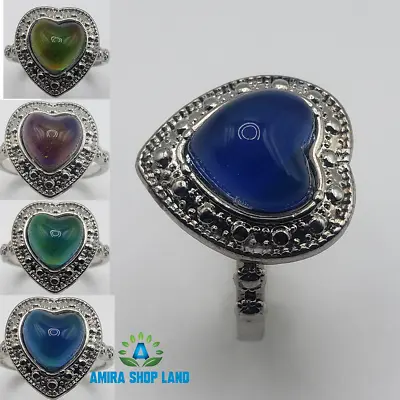 Women Heart Shape Mood Ring Emotion Feeling Color Change Silver Plated • $12.99