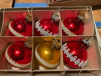 Vtg Marshall Field's Box Of 6 Large Glass Applique Wrapped Christmas Ornaments • $30