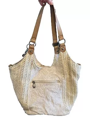 The Sak Sakroots Roma Shopper Straw Tote Shoulder Bag White Flower Blossom Purse • $18.99