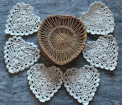 6 Vintage Heart Coasters Crochet Wicker Rattan Holder 4.75'' Excellent Condition • $17.49