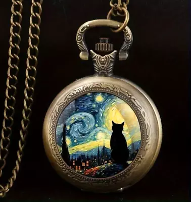 Fashion Painting Cat Vintage Quartz Pocket Watch Glass Dome Golden Men Women New • $28.98