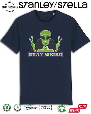 Mens ALIEN Stay Weird T-Shirt Funny UFO Space Invasion Organic Cotton Aliens Top • £8.99