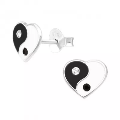 Yin Yang Heart 925 Sterling Silver Crystal Stud Earrings Pair Of Ear Studs Boxed • £6.85