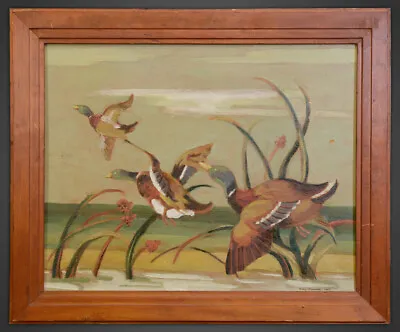 Molly Simmons Folk Art Oil Painting Duck Hunting Mallard Drakes Flying • $145