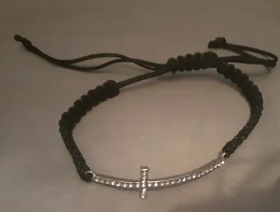 £3 • Buy Shamballa Bracelet Silver Cross Black Band Christian Crucifix Diamante NEW