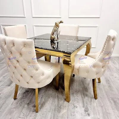 FurnitureDW 100cm Square Black & Gold Marble Dining Table And 4 Chairs Cream Set • £949.05