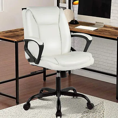 Mid Back Swivel Executive Computer Chair PU Leather Home Office Desk Chair White • $75.99