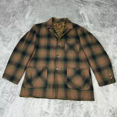 Vintage Merrill Woolens Jacket Mens Large Brown Plaid Wool Chore Coat 50s 60s • $99.97