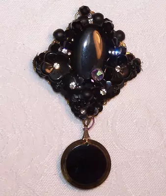 Unsigned Miriam Haskell Pendant/Vtg Black Molded Glass Floral Beads/NOS W Tag • $99.99