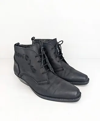 80s Vintage Black SPAGO SPAIN Western Lace Up Leather Ankle Boots Size 37 Or 38 • $59