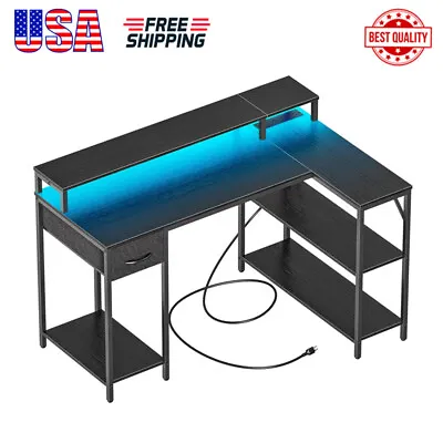 L Shaped Corner Gaming Desk W/ LED Lights & Power Outlets Computer Table Black • $94.49