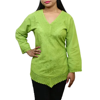 $26.90 • Buy Women Indian Short Kurti Green Top Tunic Shirt Dress Embroidery Kurta Party Wear