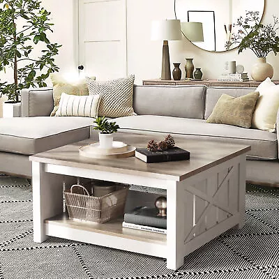 Square Coffee Table With Bottom Storage Shelf Wood Modern Rustic Cocktail Table • $82.99