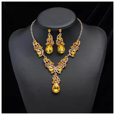 Nigeria Crystal Choker African Women Rhinestone Pendant Necklace Earrings Set • $7.34