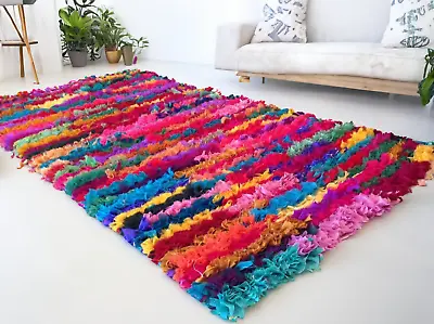 Fluffy Rug Shaggy Rugs Multi Colour Rainbow Mat Hand Woven Mats Recycled Carpet • £25