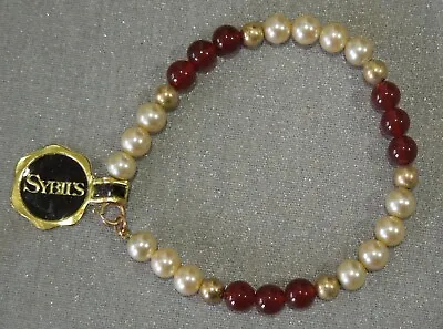 Vtg SYBIL'S Pearl Garnet Gold Bead Bracelet Set In 1/20 14KT GF ~New With Tag! • $20