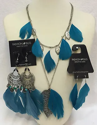 Necklace & Earrings Blue Feather Pendant Silver Tone Metal Macys Filigree Lot 3 • $19.95