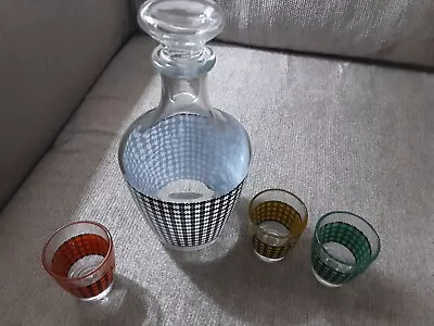 Vintage Houndstooth Liquor Decanter And 3 Shot Glass Set France  • $25