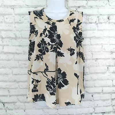 J Crew Blouse Womens 4 Tan Black White Floral Sleeveless Pleated Shirt Top • $17.99