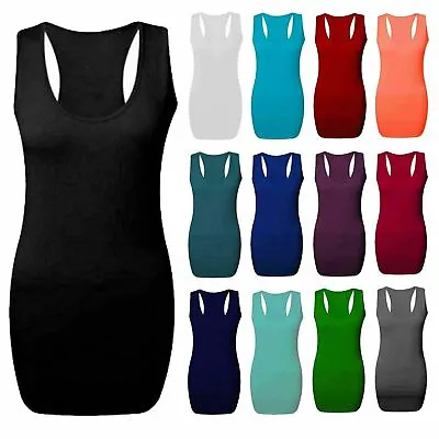 Ladies Womens Long Racer Back Bodycon Muscle Vest Top Gym Top Uk 8-26 • £6.49