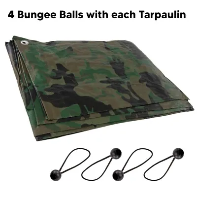 Heavy Duty Camo Tarpaulin And 4 Bungee Balls Waterproof Cover Ground Sheet Tent • £6.93