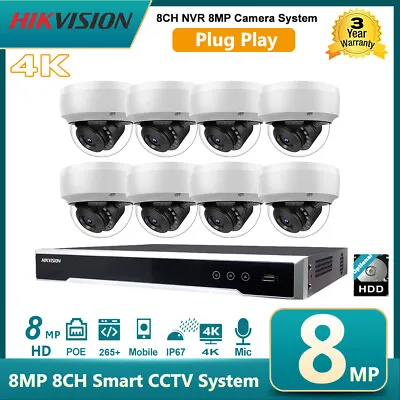 Plug Play Hikvision Dome 4K 8MP IP Camera CCTV System Kit 8CH POE NVR IR MIC Lot • $133