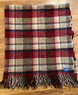 VTG Pendleton Red Blue Brown Gray Fringe Tartan Plaid USA Virgin Wool Blanket • $45.95