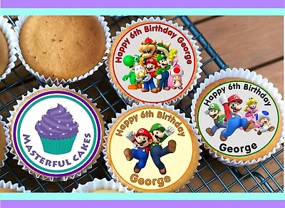 24 Personalised Mario Des 1  Cupcake Topper Ricewafericing Or Precut Option  • £3.45