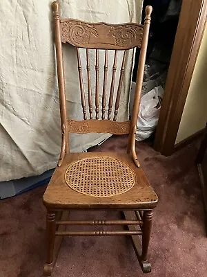Antique Victorian Pressed Back Carved Oak Wood Cane Rocking Chair • $299
