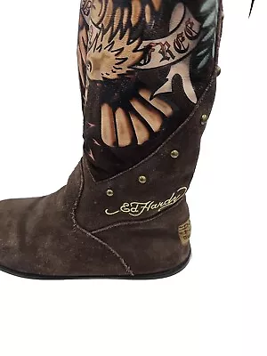 Ed Hardy  “BORN FREE” Tattoo Tall Brown Zip Suede Womans Size 10 Fuzzy Fur Boots • $59.49