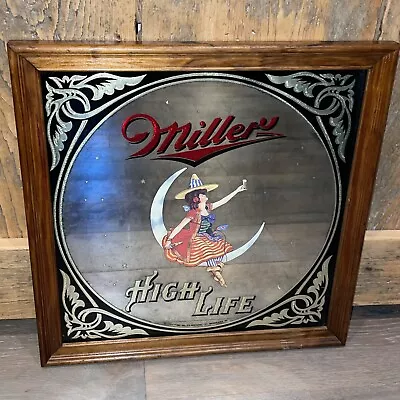 Vtg 1980 MILLER HIGH LIFE Girl On The Half Moon Smokey MIRROR Wall SIGN 14” Bar • $72