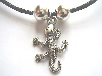 Gecko Lizard Silver Coloured Pendant Black Waxed Cotton Cord Necklace • £2.99