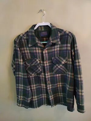 Vintage Late '60s Pendleton Flannel Shirt  Size L Green Virgin Wool Made In USA • $29