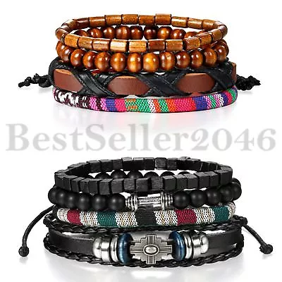 8pcs Mix Tribal Cross Wooden Beaded Leather Bracelet Women Men Cuff Wristband • $12.99