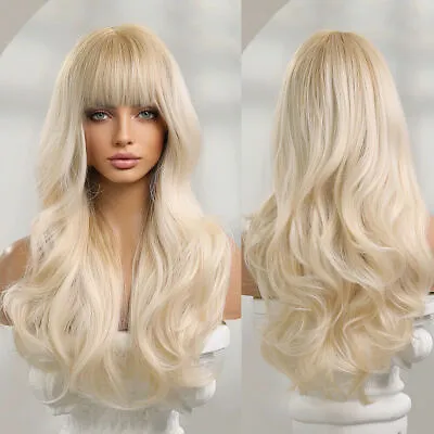 Platinum Blonde Hair Wigs With Bangs Long Wavy Synthetic For Women Fanshion Wigs • $17.09