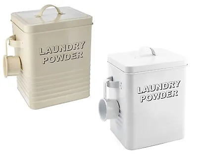 Laundry Powder Storage Tin Jar Caddy Box White Cream Painted Metal With Scoop • £11.65