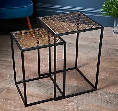 £37 • Buy Farah Modern Nest Of 2 Tables Glass Tops Nest Of Table With Black Finish Legs