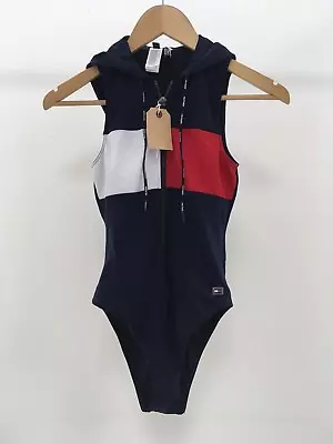 TOMMY HILFIGER Ladies UK Size XS Blue Zip Front Hooded Swimming Costume Preloved • £6.99
