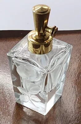 Vintage Glass Perfume Bottle Etched Rose Square Vanity Bedroom Decor Atomizer  • $15