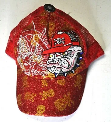 Skips Red Ed Hardy Glitter Bulldog Skull Stitched Trucker Snapback Mesh Hat • $25.19