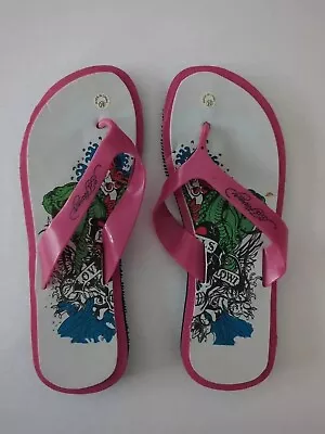 Ed Hardy Logo Tiger Multicolor Sz 10 Thong Flip Flop Sandals Pink   • $24.99