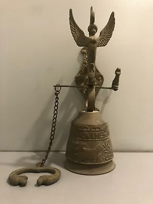 Vintage Brass Wall Mount Hanging Bell W/Winged Woman Figure Approx. 11  Tall • $69.95