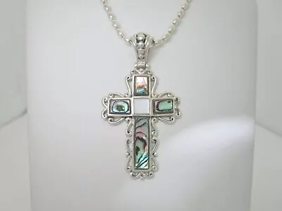 Silver Abalone Cross Necklace Vintage Filigree Sterling Cross Necklace 18  SN046 • $119