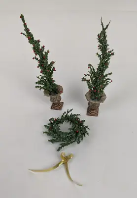 Vintage Artisan Miniature Dollhouse Pair Potted Topiary Trees Garden Wreath OOAK • $54.99