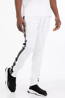 Men's Slim Fit Single Faux Leather Stripe Track Pants With Ankle Zipper • $18