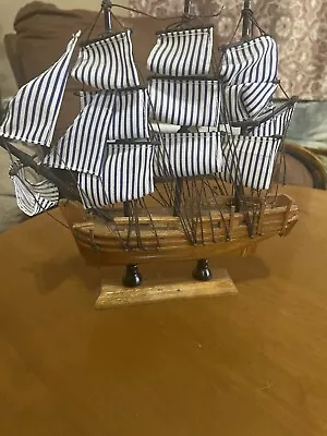 Wooden Model Ship Replica With Cloth Sails  9” X 8” • $10