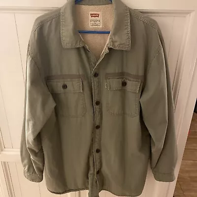 Levis Sherpa Lined Jacket Long Sleeve Shirt Mens Large Fatigue Green Shacket • $15.99