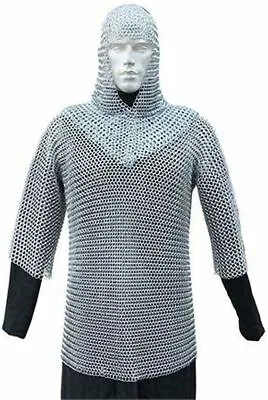 Medieval Chain Mail Shirt And Coif Armor Set (Full Size) Long Shirt Medium • £63.71