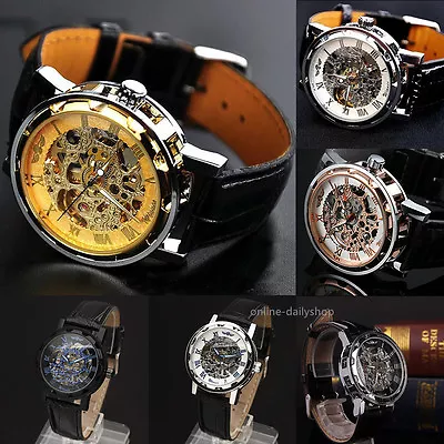 Men's Skeleton Mechanical Wrist Watch Steampunk Luxury Black Leather Stainless • $23.99