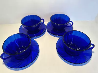 Vereco Duralex Bormioli Rocco Rivage Swirl Cobalt Blue Teacup & Saucer Set Of 4 • $29.99